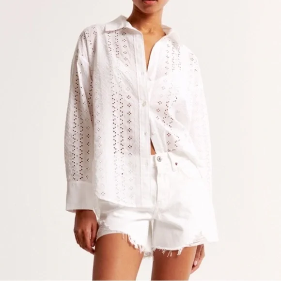 Abercrombie Eyelet Embroidered Button Up Blouse White Oversized XS - Picture 9 of 9